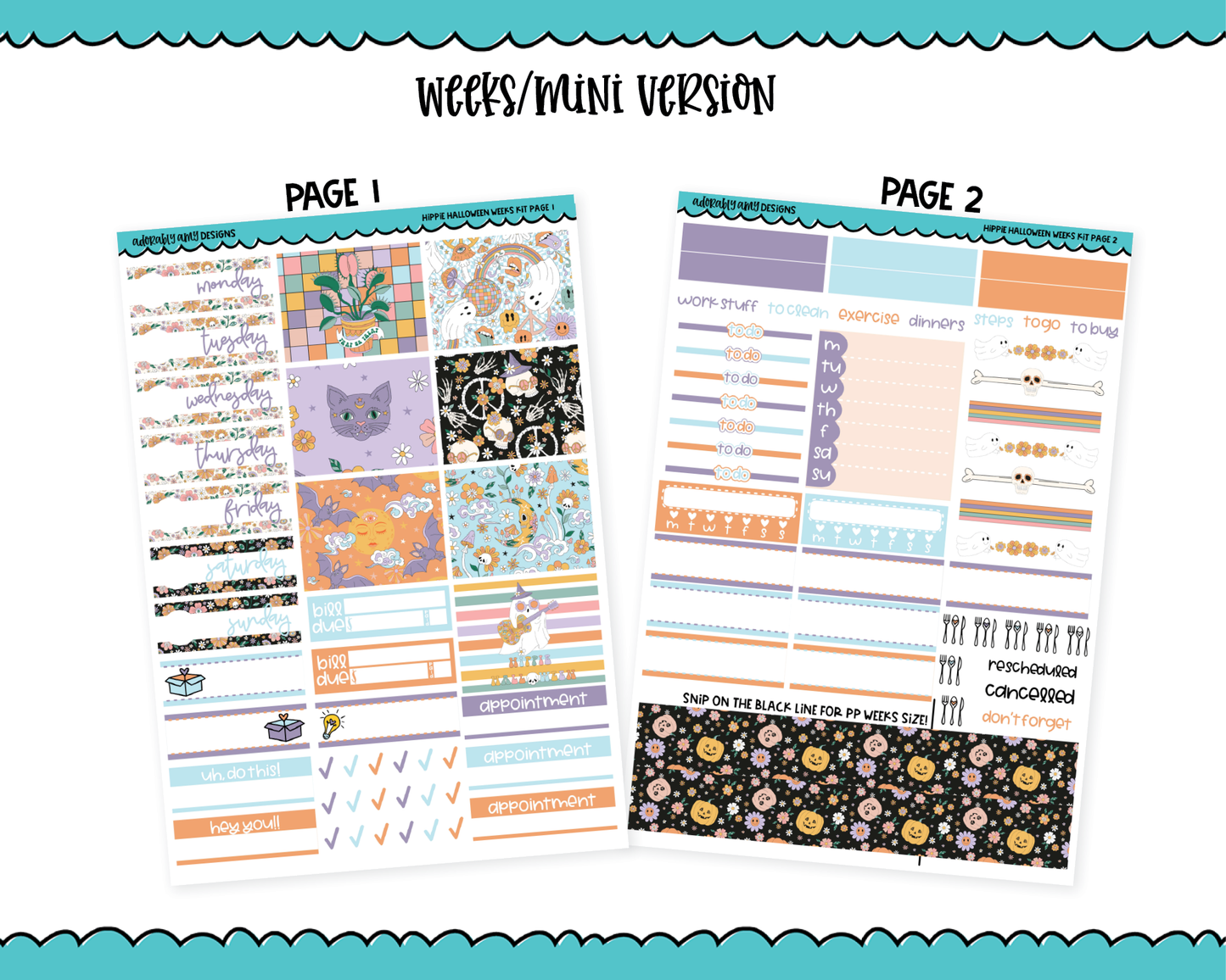 Mini B6/Weeks Hippie Halloween Theme Weekly Planner Sticker Kit sized for ANY Vertical Insert