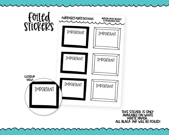 Foiled Important Half Boxes Standard Size Functional Decorative Planner Stickers for any Planner or Insert
