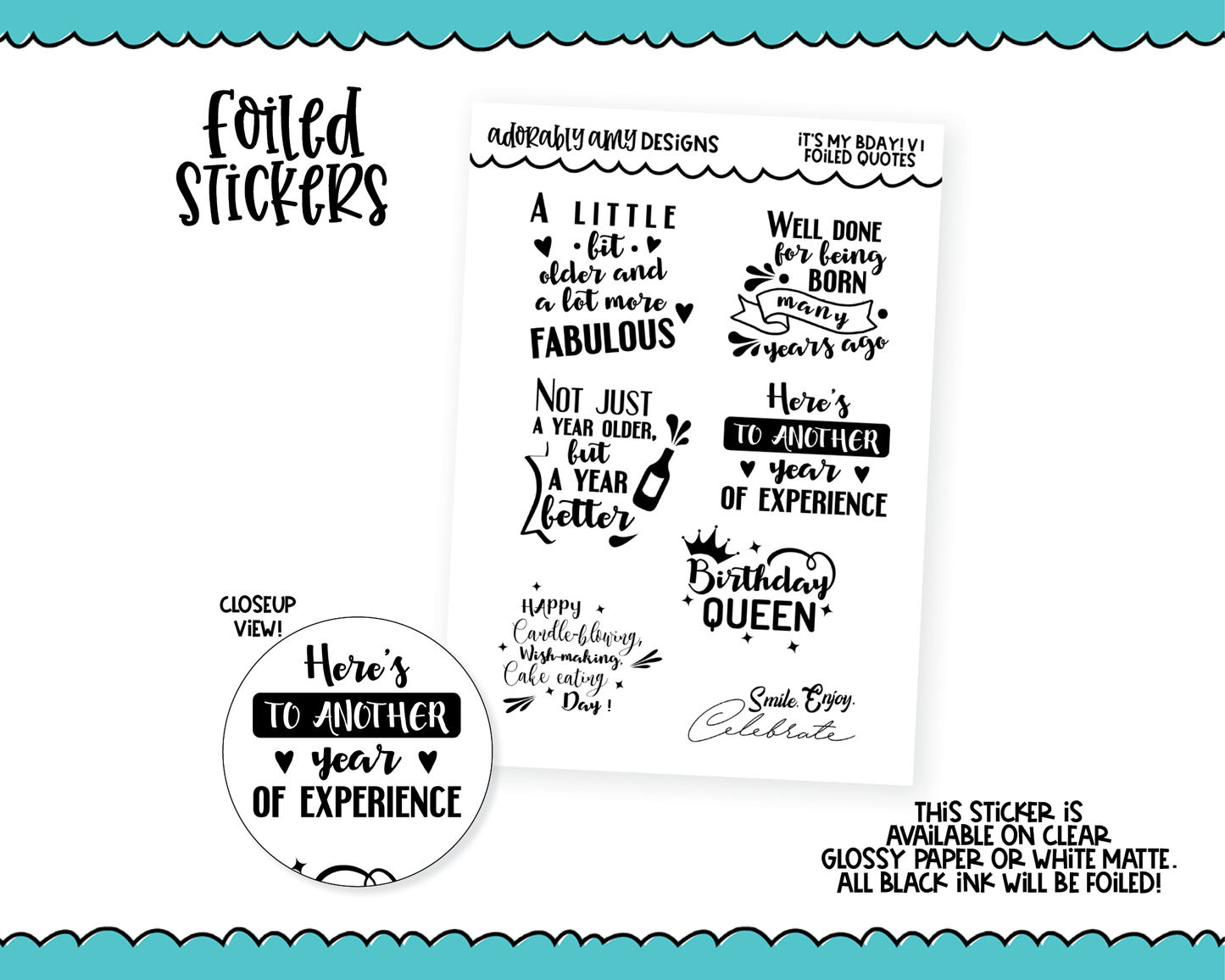 Foiled It's My Birthday V1 Quotes Sampler Planner Stickers for any Planner or Insert