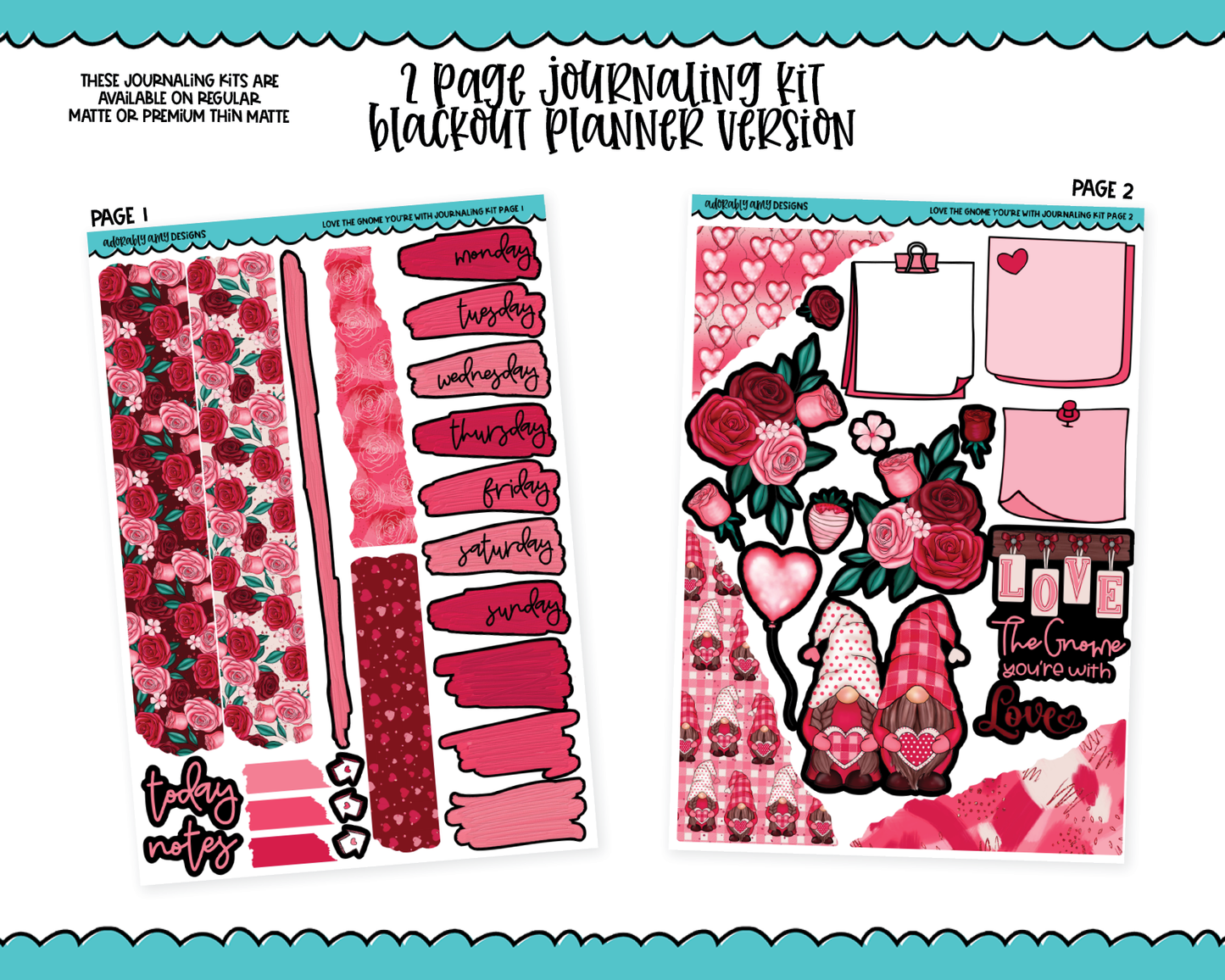 Journaling Kit Love the Gnome You're With Valentine Holiday Themed Planner Sticker Kit in White OR Black for Blackout Planners