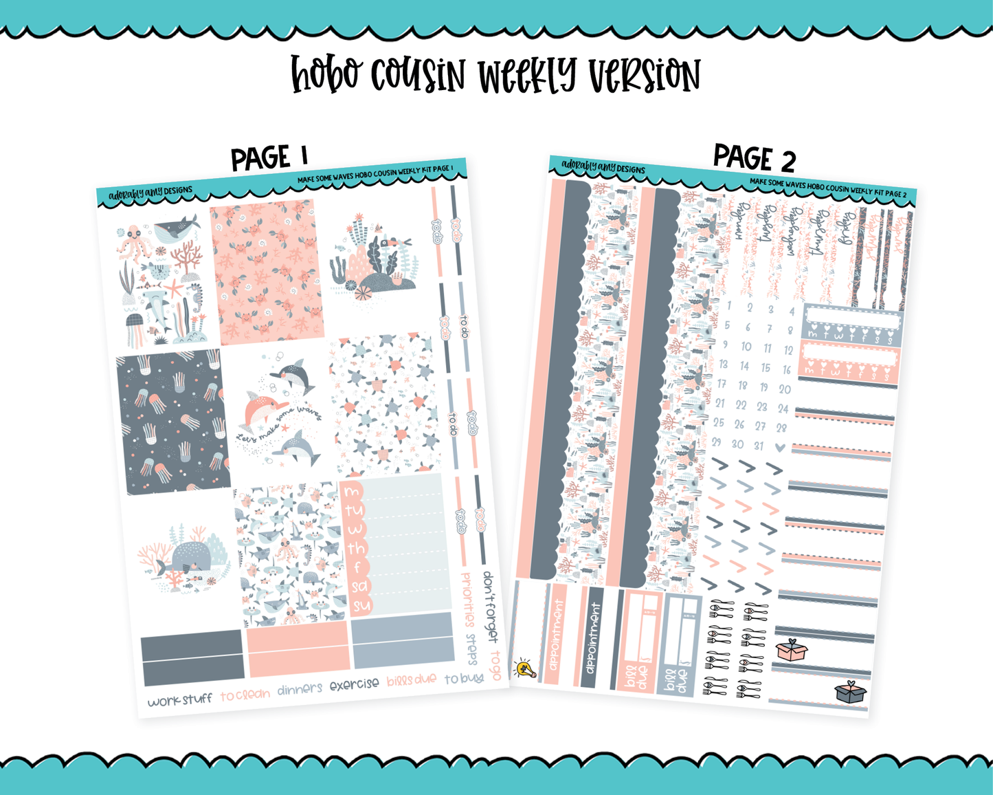 Hobonichi Cousin Weekly Make Some Waves Pastel Ocean Themed Planner Sticker Kit for Hobo Cousin or Similar Planners