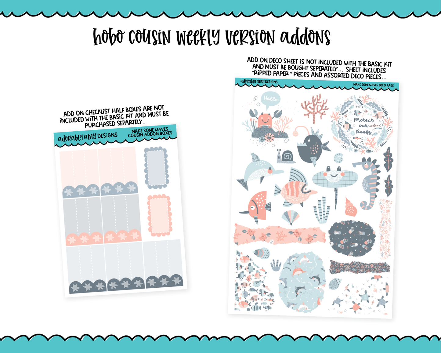 Hobonichi Cousin Weekly Make Some Waves Pastel Ocean Themed Planner Sticker Kit for Hobo Cousin or Similar Planners