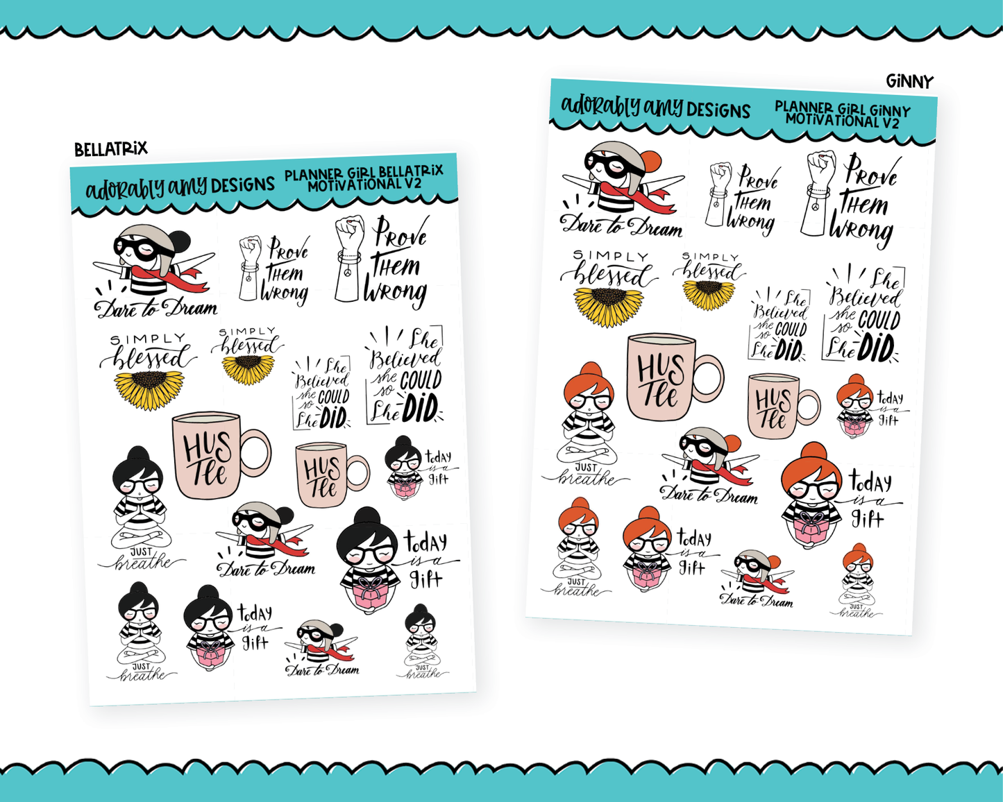 Doodled Planner Girls Character Stickers Motivational V2 Decoration Planner Stickers for any Planner or Insert