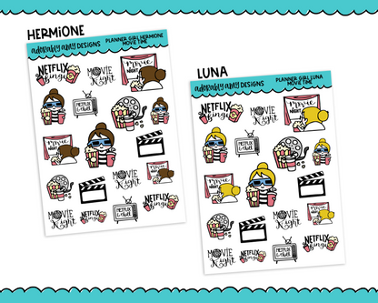 Planner Girls Character Stickers Movie Time Movie Night Decoration Planner Stickers for any Planner or Insert - Adorably Amy Designs