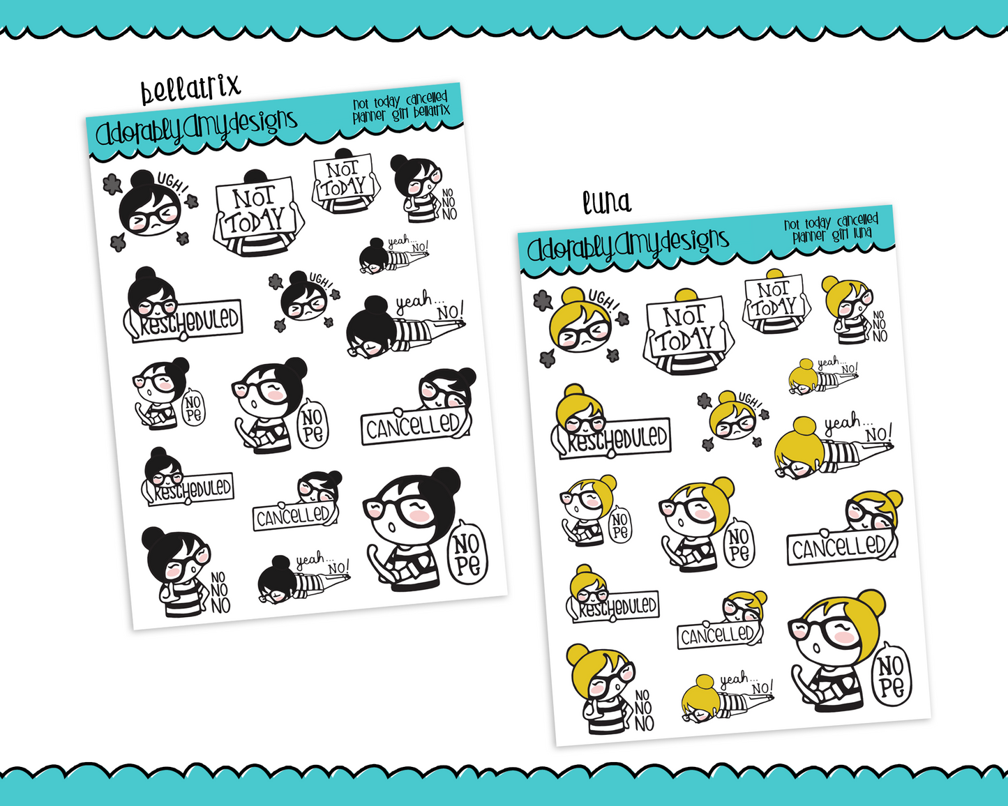 Planner Girls Character Stickers Not Today Cancelled Plans Planner Stickers for any Planner or Insert - Adorably Amy Designs