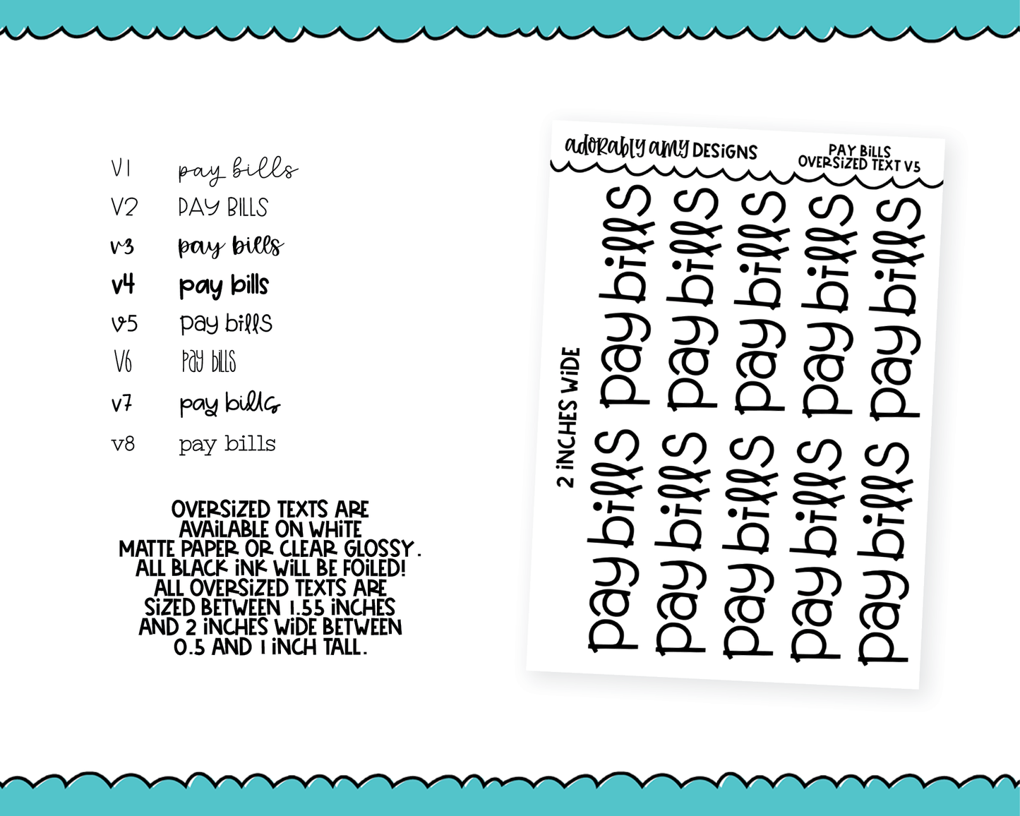 Foiled Oversized Text - Pay Bills Large Text Planner Stickers