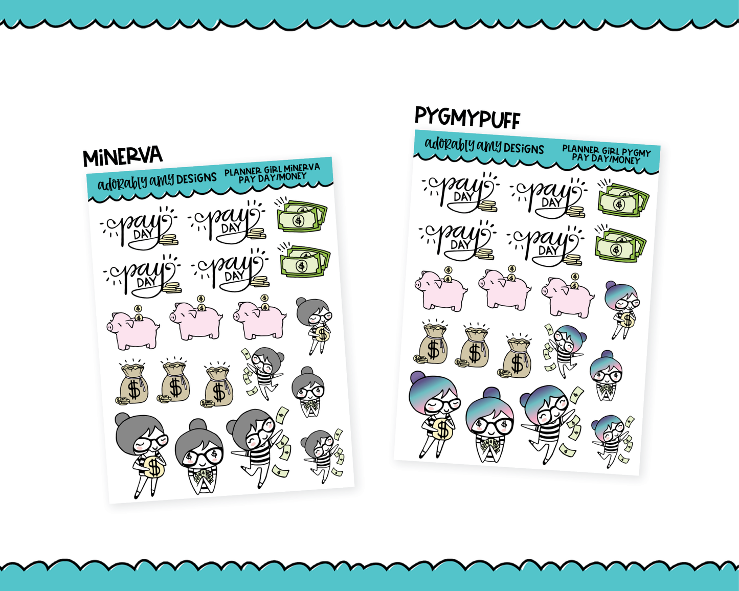 Doodled Planner Girls Character Stickers Pay Day Saving Money Decorative Planner Stickers for any Planner or Insert