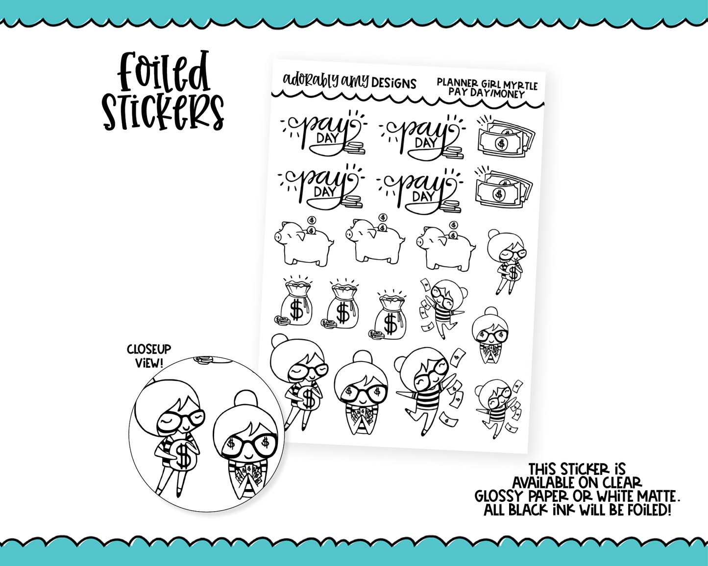 Foiled Doodled Planner Girls Pay Day Money Savings Decorative Planner Stickers for any Planner or Insert