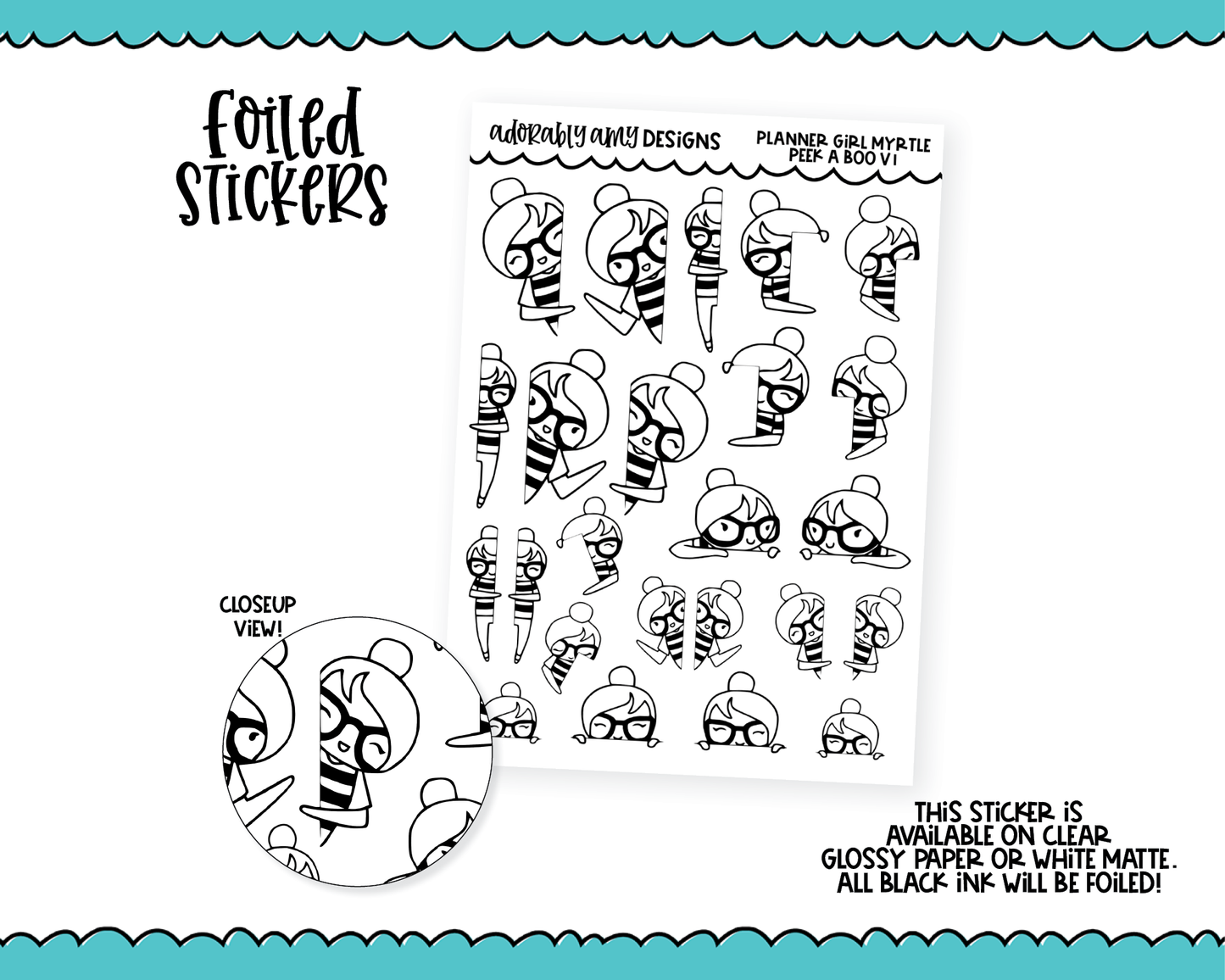Foiled Doodled Planner Girls Peek a Boo V1 Edge Decoration Planner Stickers for any Planner or Insert