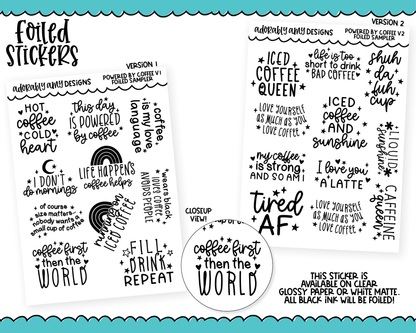 Foiled Powered by Coffee Two Versions Quote Samplers Planner Stickers for any Planner or Insert