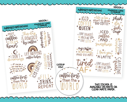 Powered by Coffee Two Versions Quote Sampler Planner Stickers for any Planner or Insert