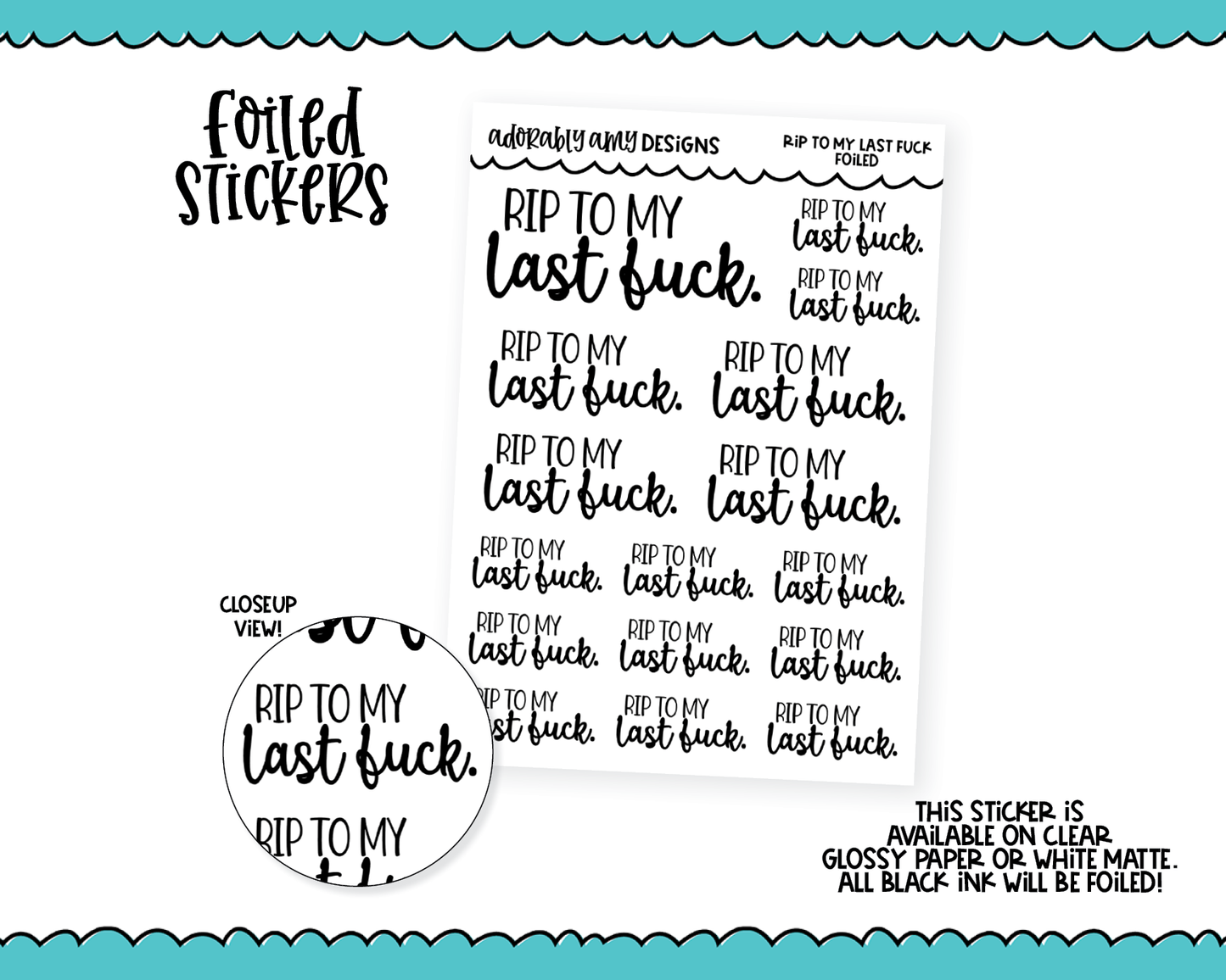 Foiled RIP To My Last F*ck Planner Stickers for any Planner or Insert