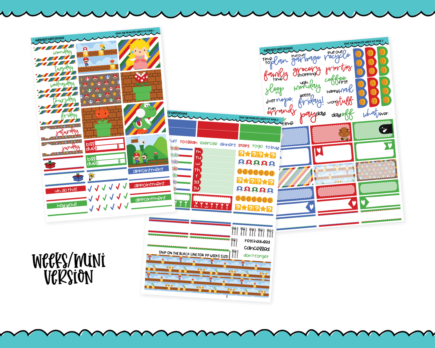 Mini B6/Weeks Save the Princess Video Game Themed Weekly Planner Sticker Kit sized for PP Weeks or PP B6 Weeks Planner or ANY Vertical Insert