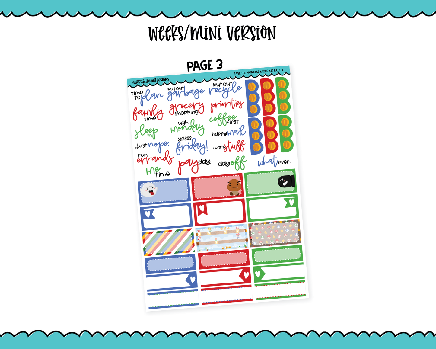 Mini B6/Weeks Save the Princess Video Game Themed Weekly Planner Sticker Kit sized for PP Weeks or PP B6 Weeks Planner or ANY Vertical Insert