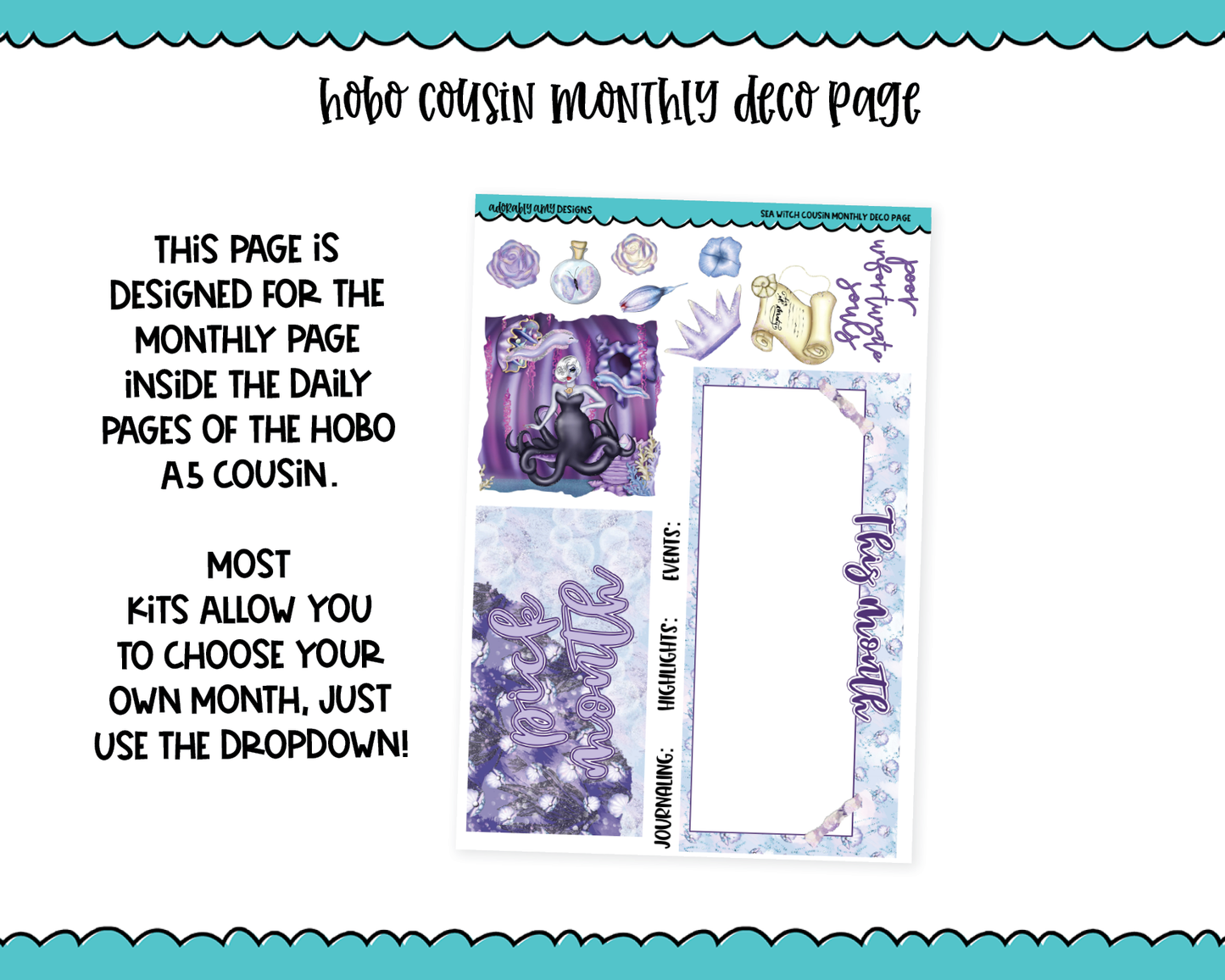 Hobonichi Cousin Monthly Pick Your Month Sea Witch Ursula Little Mermaid Themed Planner Sticker Kit for Hobo Cousin or Similar Planners