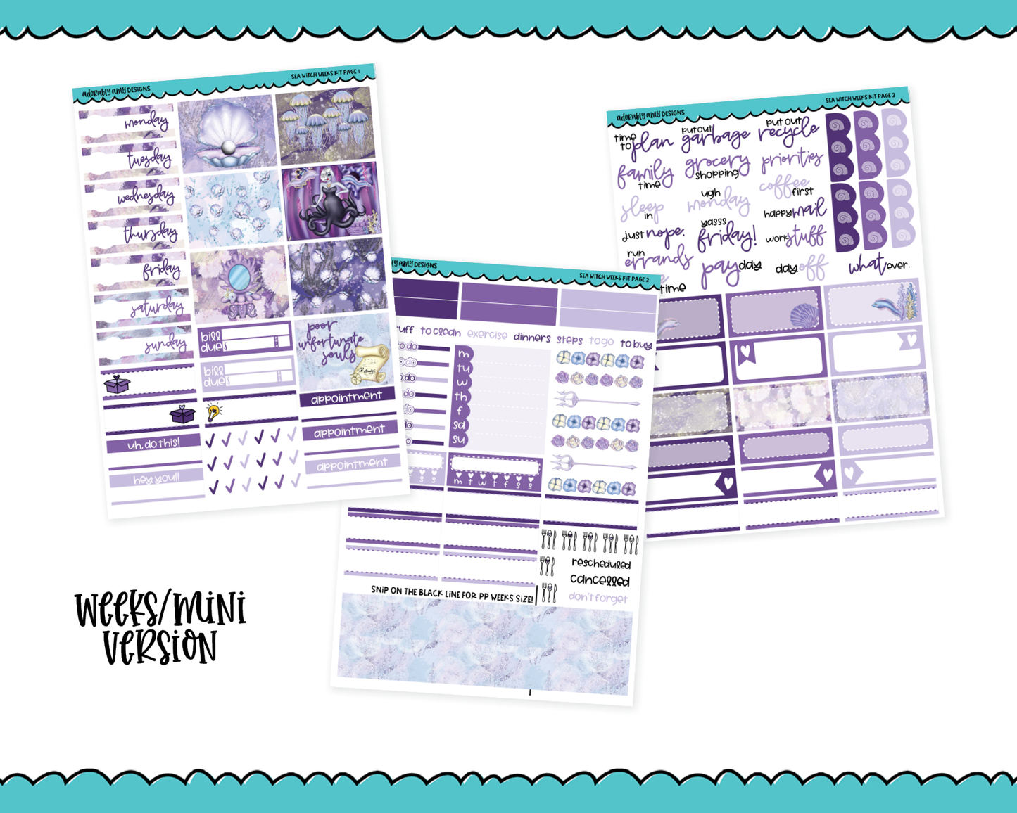 Mini B6/Weeks Sea Witch Ursula Little Mermaid Themed Weekly Planner Sticker Kit sized for ANY Vertical Insert