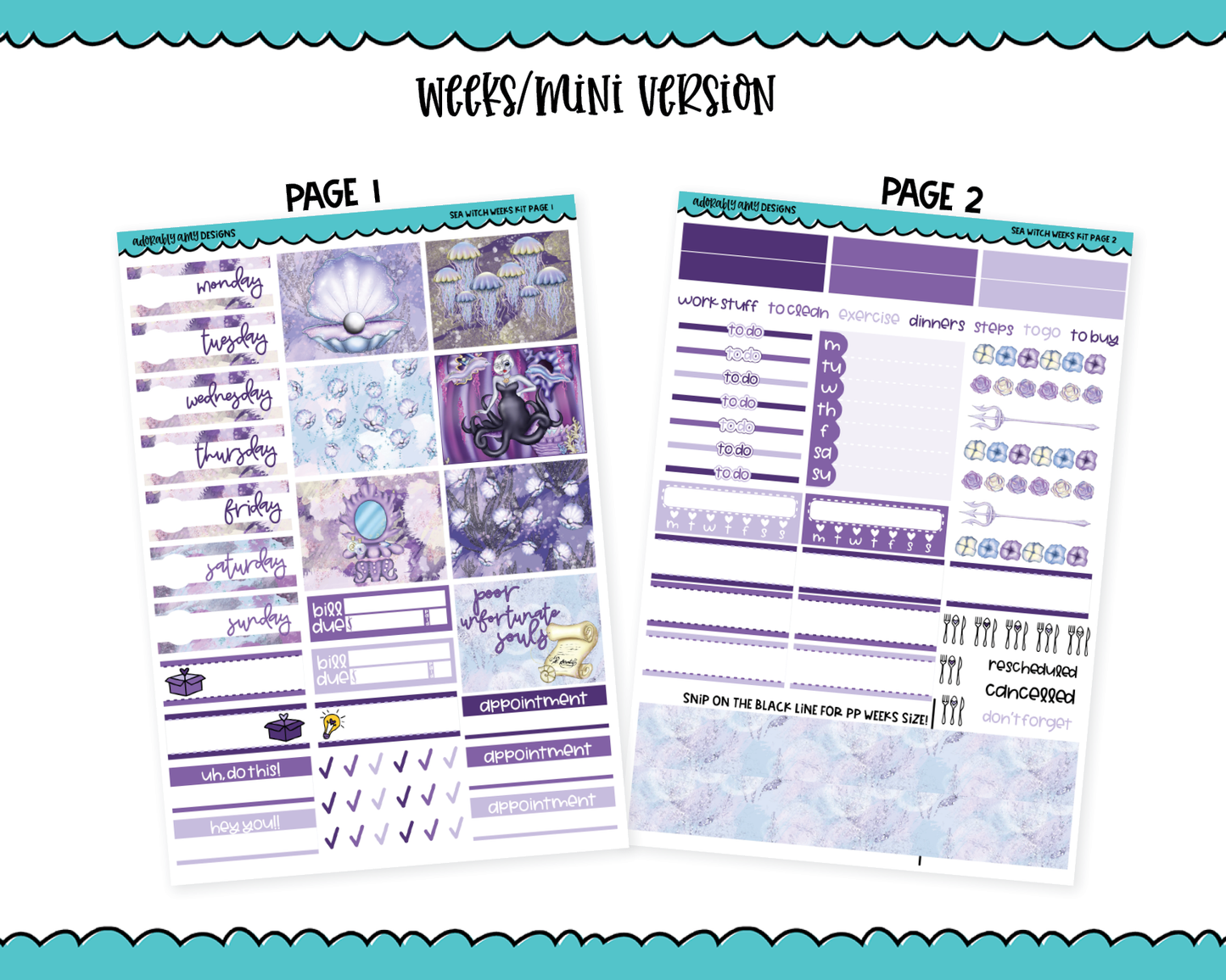 Mini B6/Weeks Sea Witch Ursula Little Mermaid Themed Weekly Planner Sticker Kit sized for ANY Vertical Insert