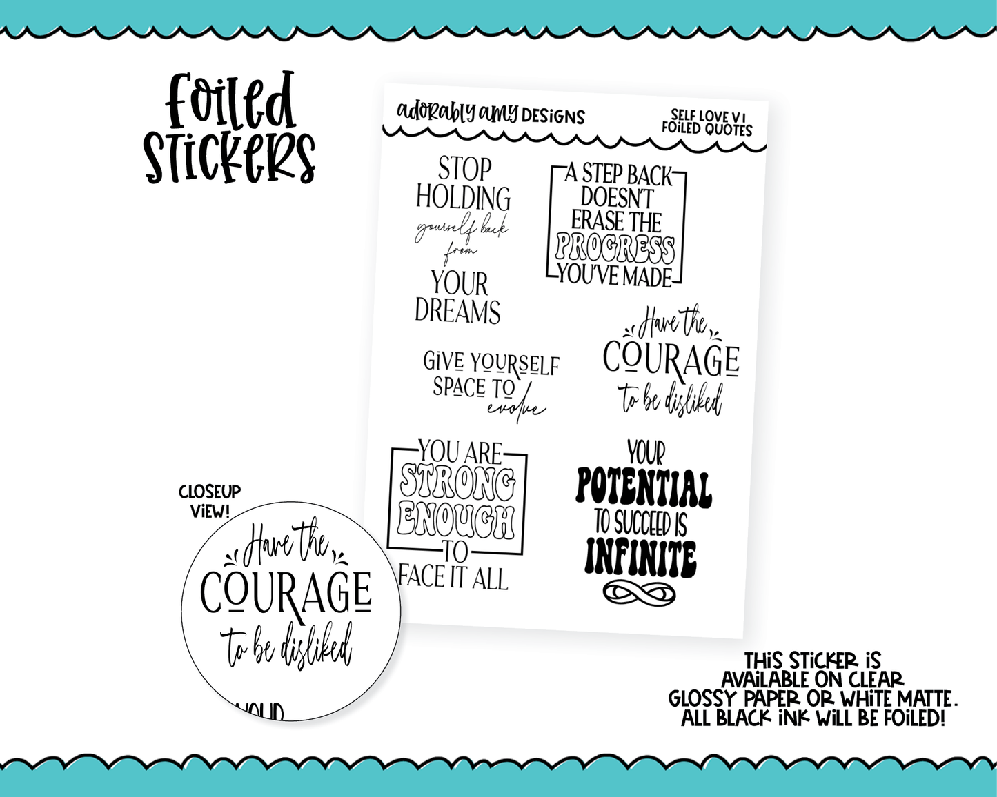 Foiled Self Love V1 Quotes Sampler Planner Stickers for any Planner or Insert