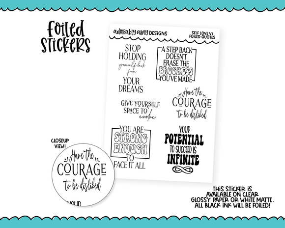 Foiled Self Love V1 Quotes Sampler Planner Stickers for any Planner or Insert