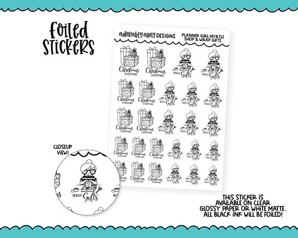Foiled Myrtle Doodled Girls Christmas Shopping and Wrap Gifts Planner Stickers for any Planner or Insert
