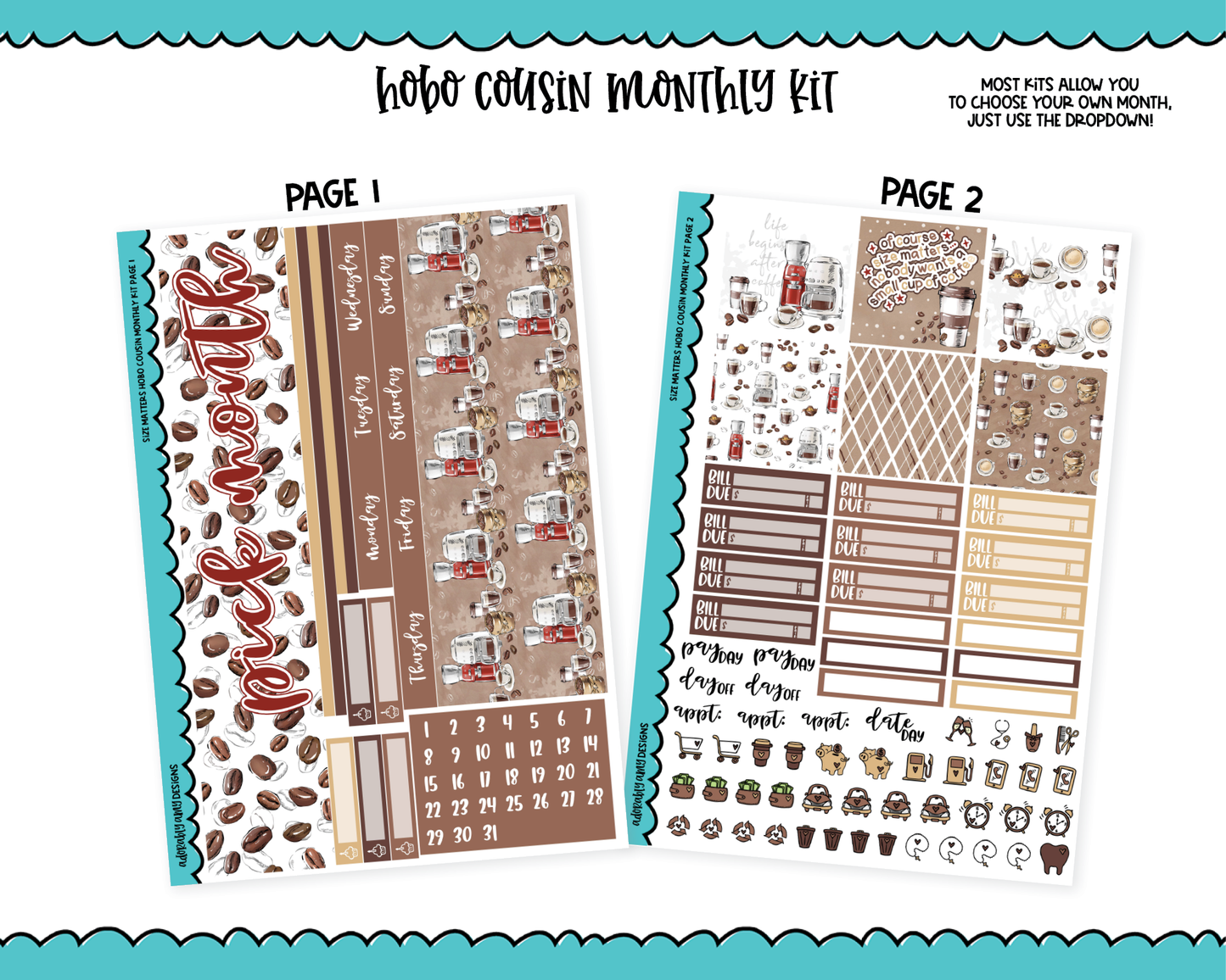 Hobonichi Cousin Monthly Pick Your Month Size Matters Coffee Themed Planner Sticker Kit for Hobo Cousin or Similar Planners