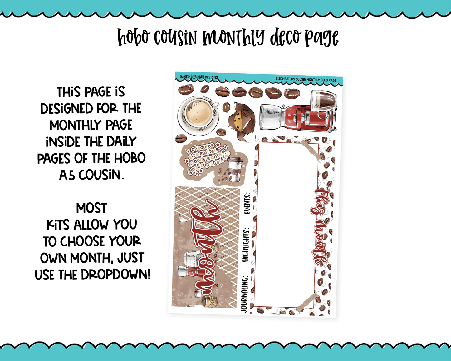 Hobonichi Cousin Monthly Pick Your Month Size Matters Coffee Themed Planner Sticker Kit for Hobo Cousin or Similar Planners