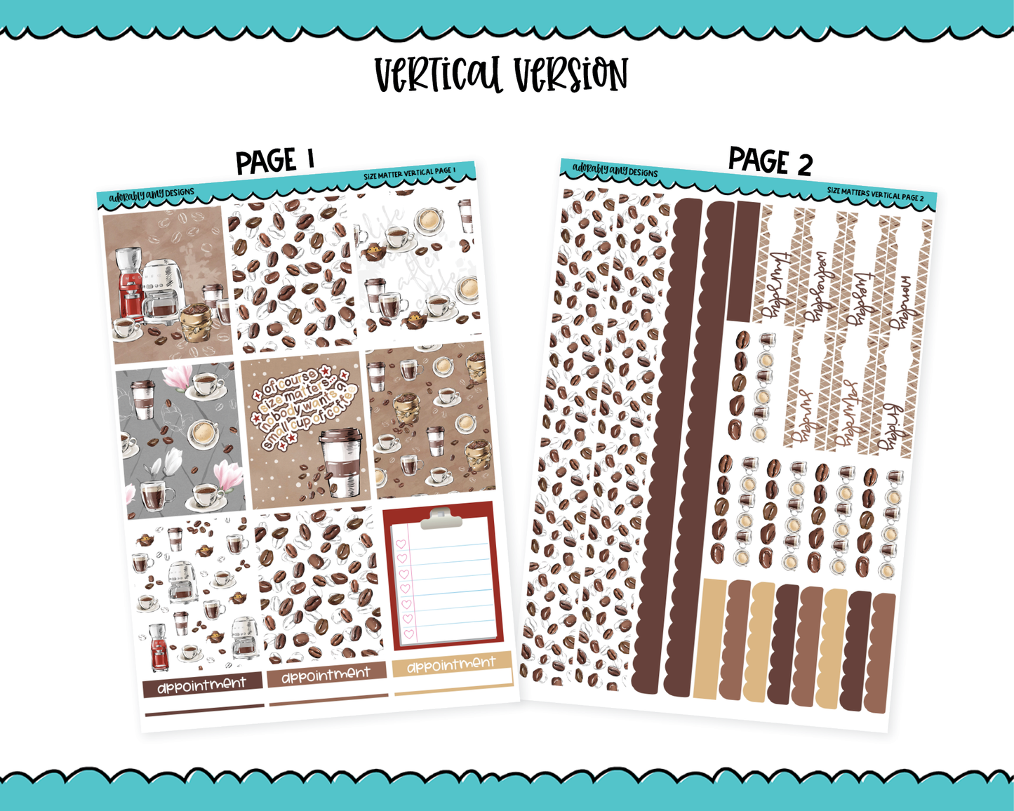 Vertical Size Matters Coffee Themed Planner Sticker Kit for Vertical Standard Size Planners or Inserts