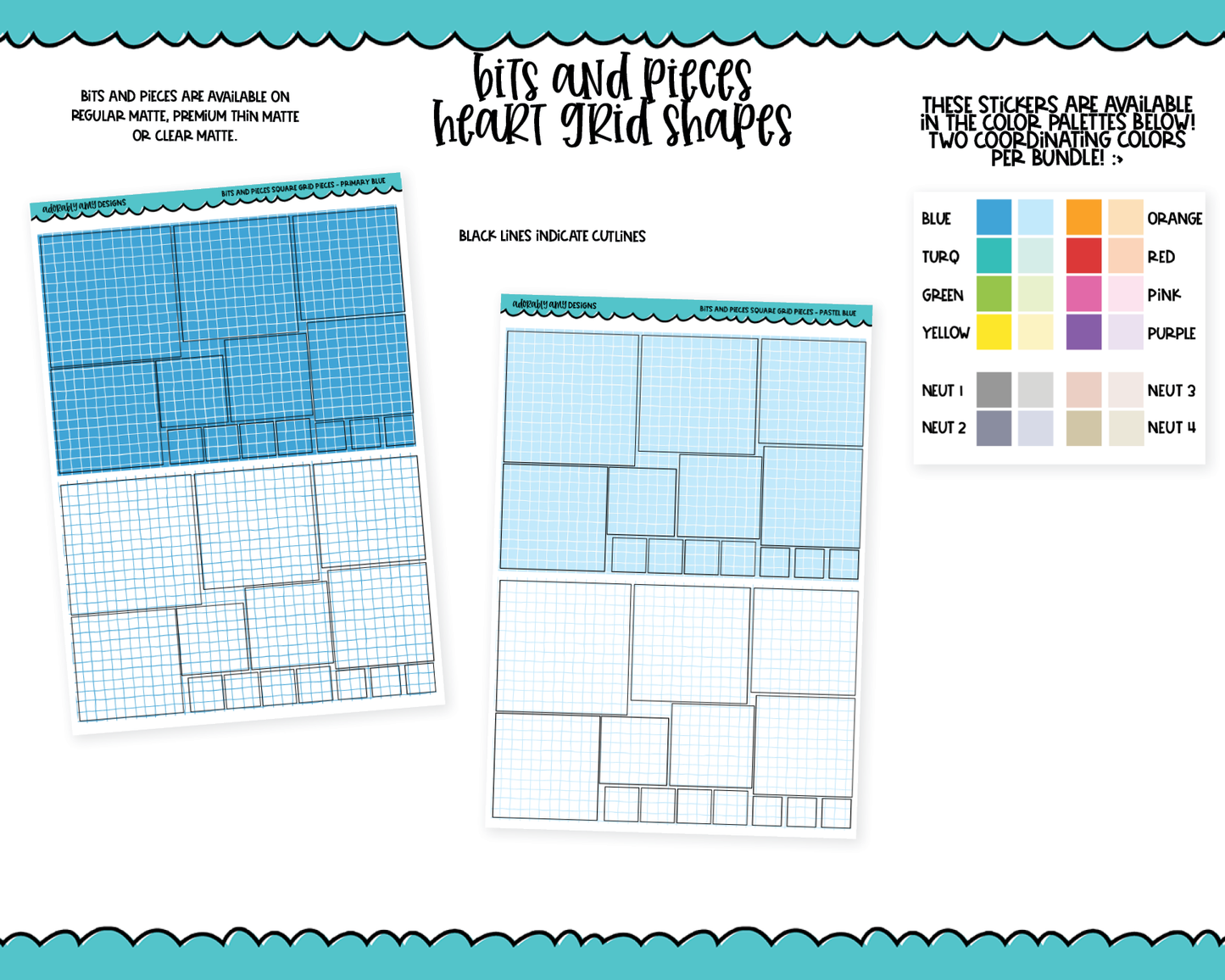 Bits & Pieces Square Grid Shapes Kit Addons for Any Planner in 13 different Color Schemes