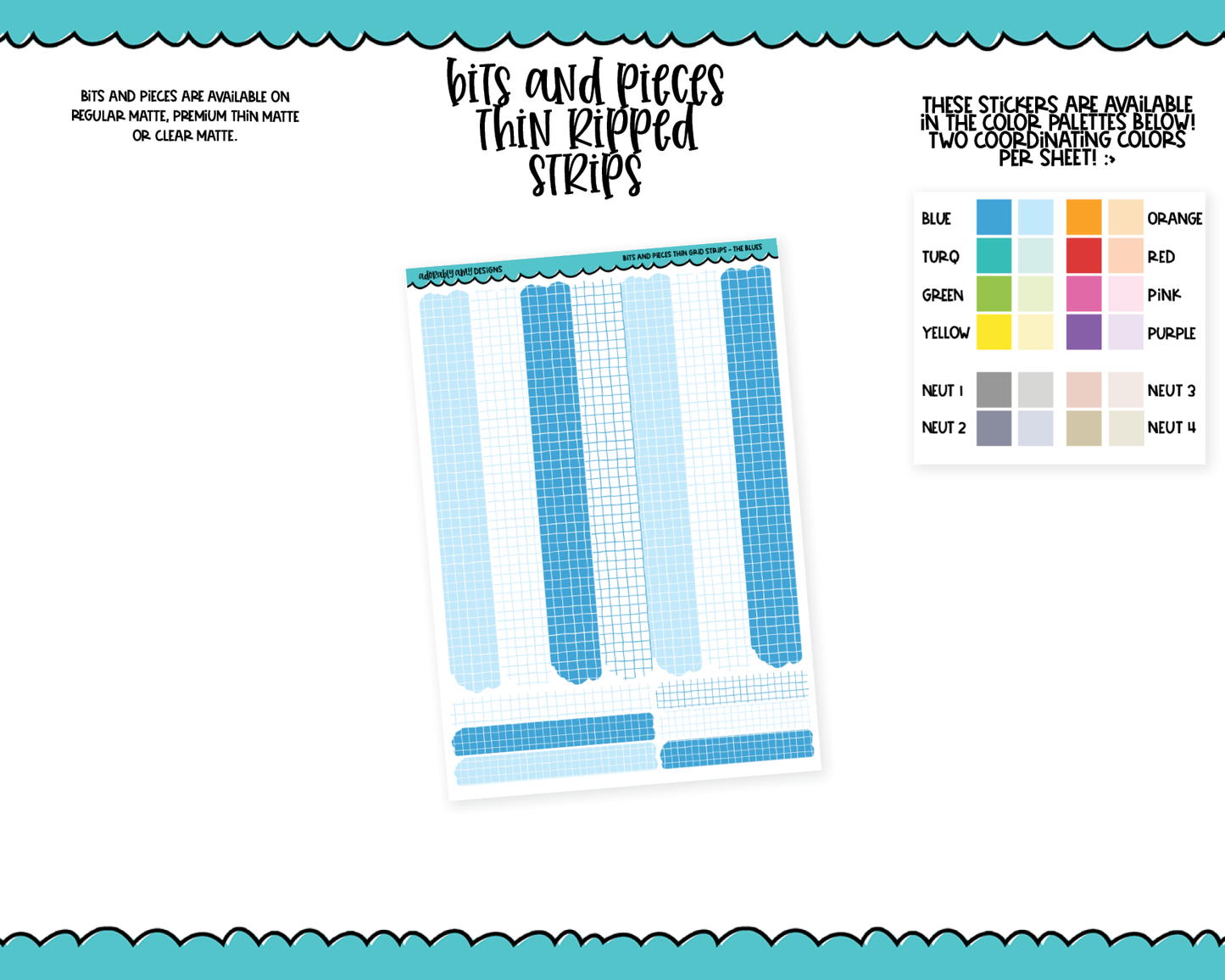 Bits & Pieces Thin Strips Pieces Kit Addons for Any Planner in 13 different Color Schemes