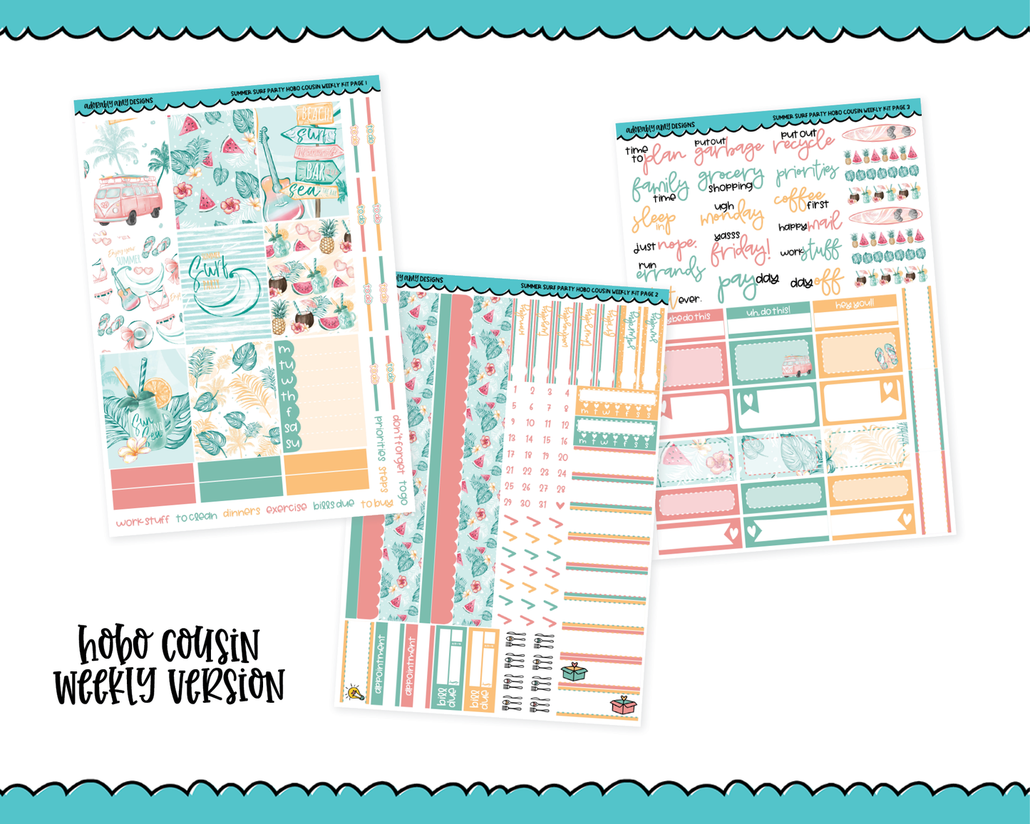 Hobonichi Cousin Weekly Summer Surf Party Planner Sticker Kit for Hobo Cousin or Similar Planners