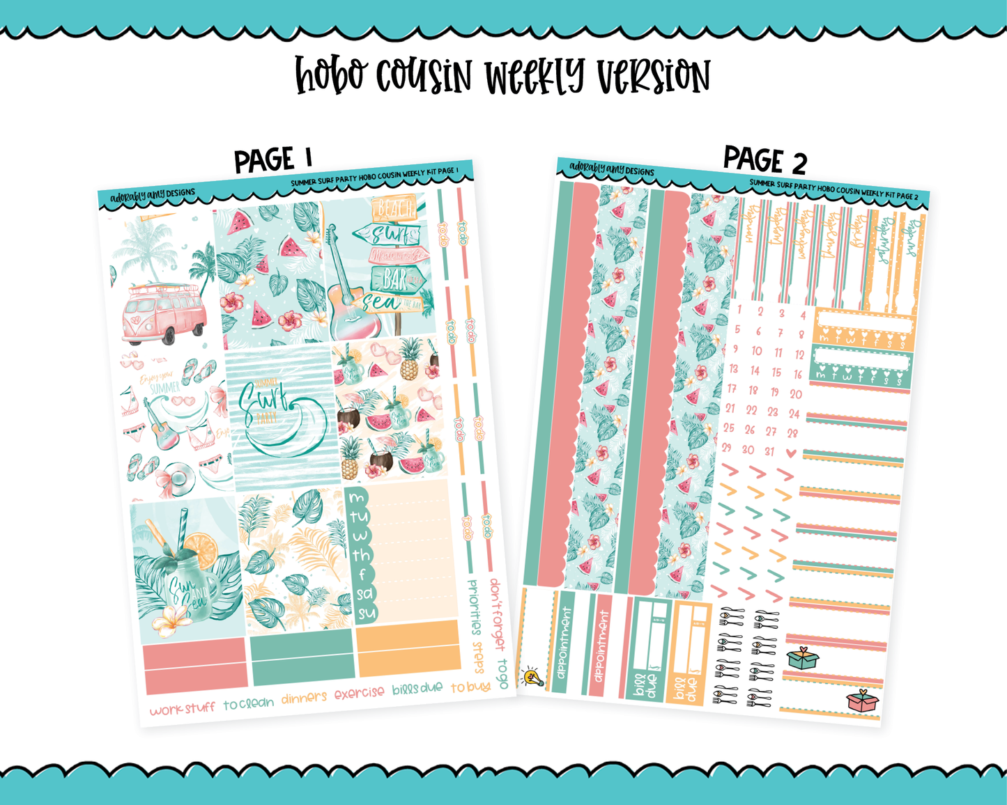 Hobonichi Cousin Weekly Summer Surf Party Planner Sticker Kit for Hobo Cousin or Similar Planners