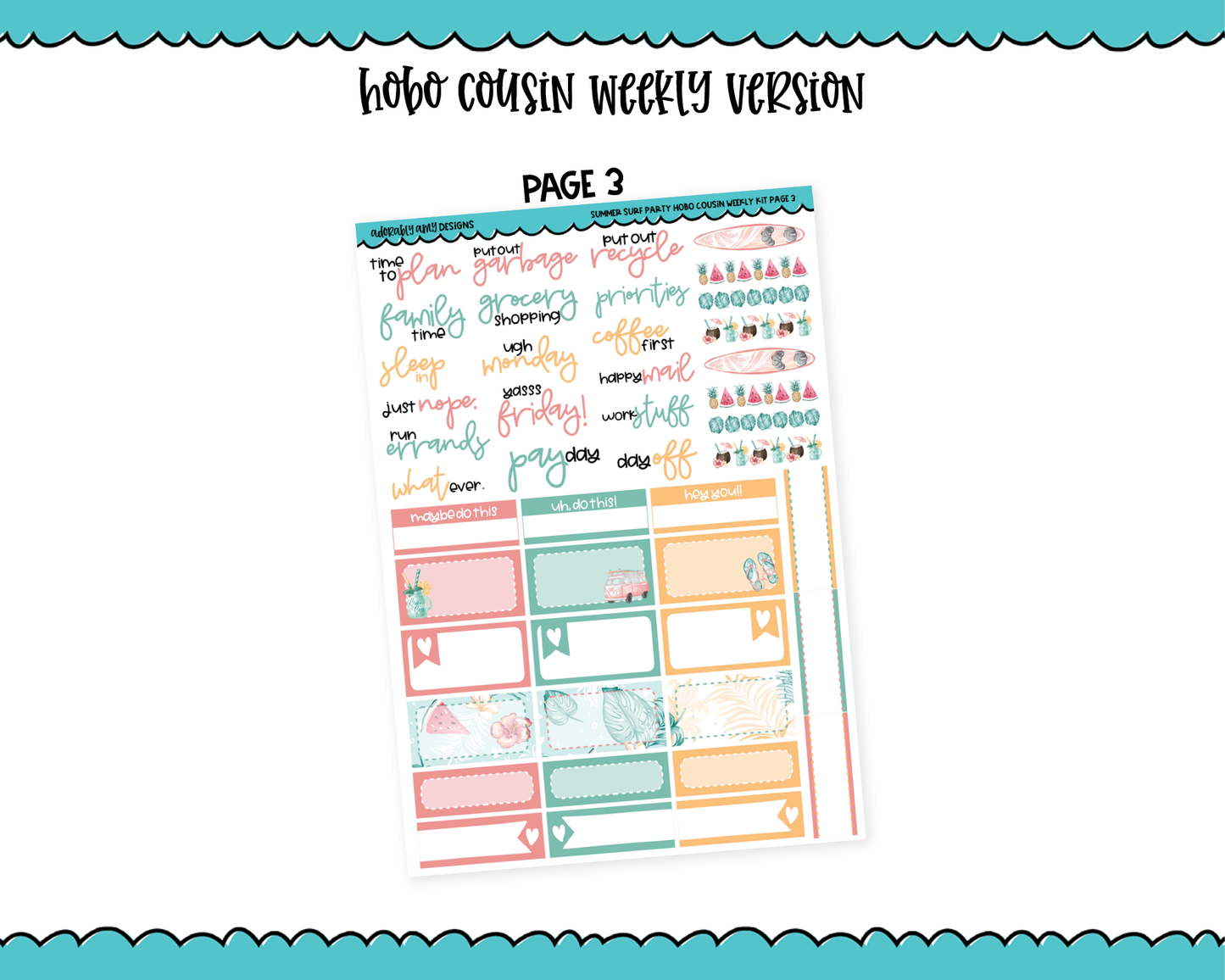 Hobonichi Cousin Weekly Summer Surf Party Planner Sticker Kit for Hobo Cousin or Similar Planners