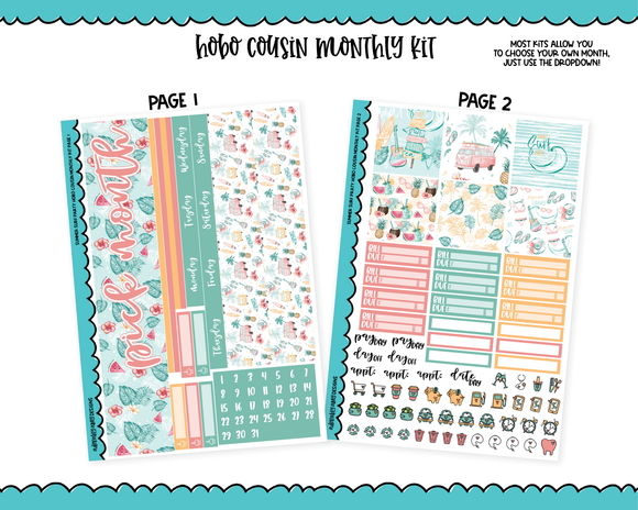 Hobonichi Cousin Monthly Pick Your Month Summer Surf Party Themed Planner Sticker Kit for Hobo Cousin or Similar Planners
