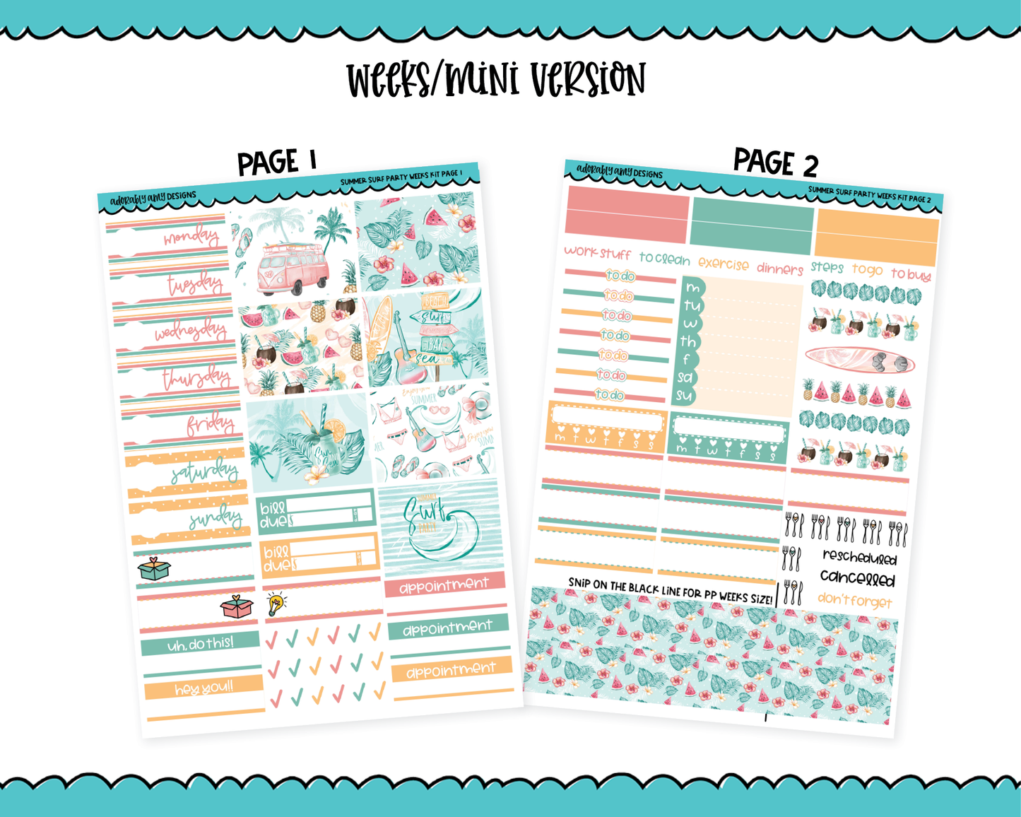 Mini B6/Weeks Summer Surf Party Weekly Planner Sticker Kit sized for ANY Vertical Insert