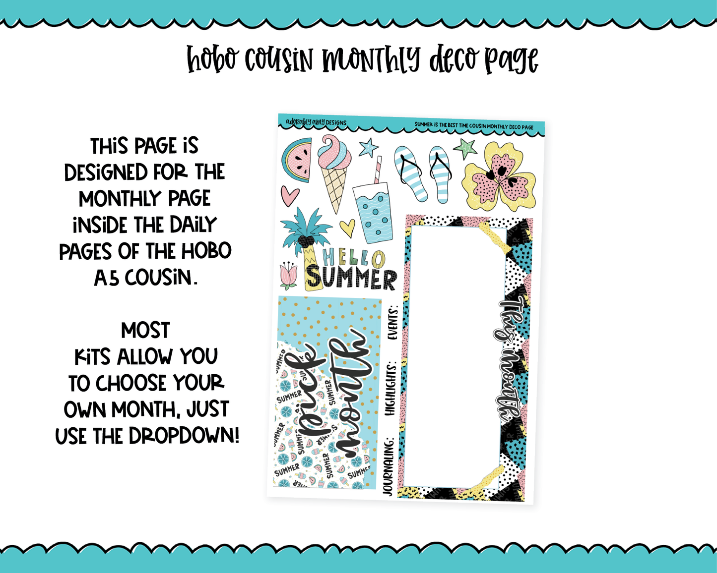 Hobonichi Cousin Monthly Pick Your Month Summer is the Best Time Themed Planner Sticker Kit for Hobo Cousin or Similar Planners