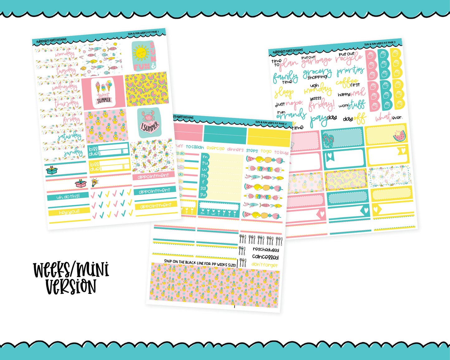 Mini B6/Weeks Sun & Fun Summer Themed Weekly Planner Sticker Kit sized for ANY Vertical Insert