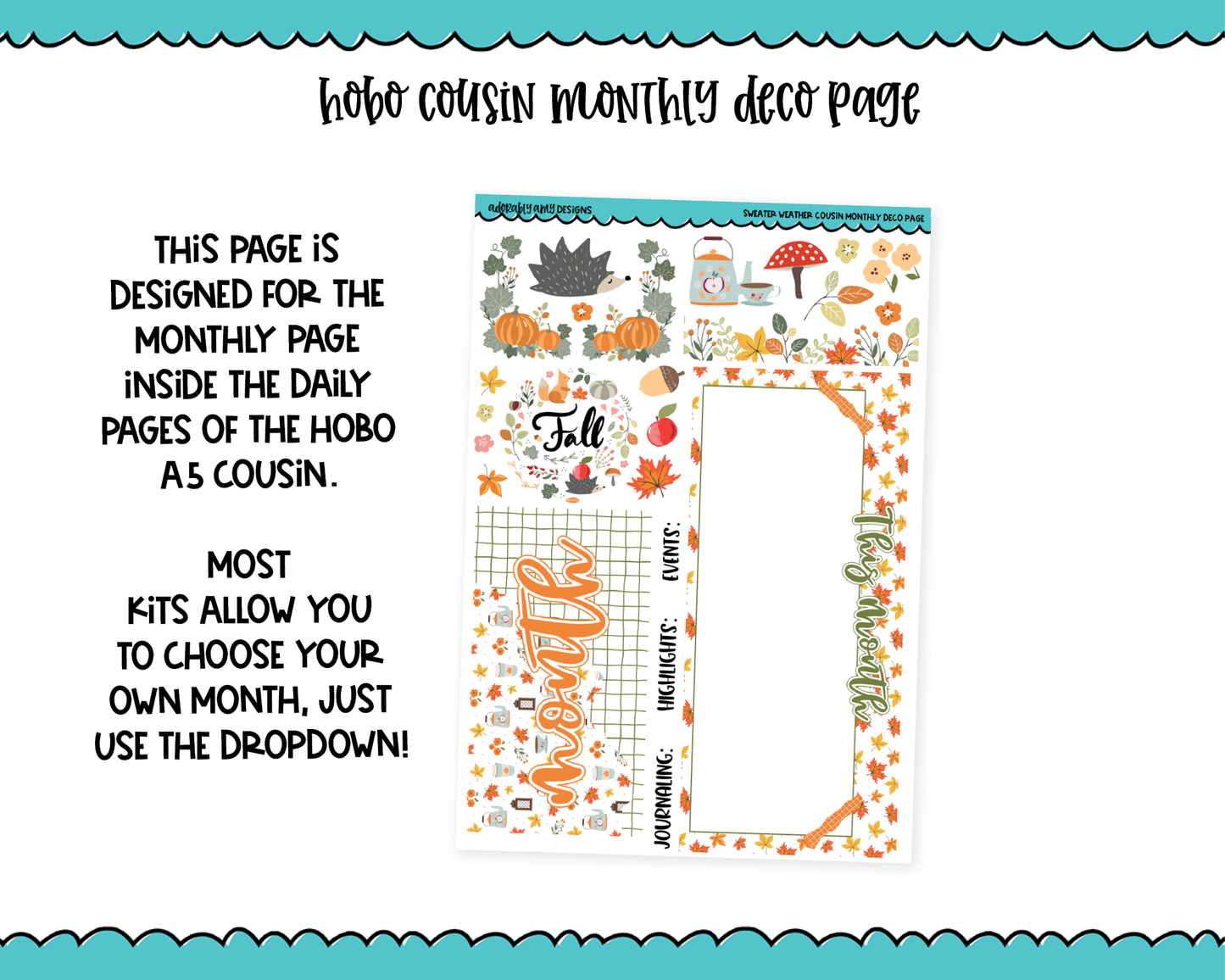 Hobonichi Cousin Monthly Pick Your Month Sweater Weather Fall Autumn Themed Planner Sticker Kit for Hobo Cousin or Similar Planners