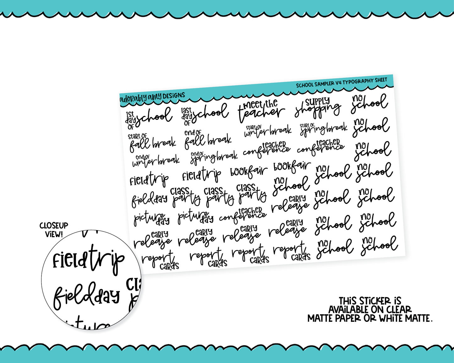 Typography - Text Grade School Sampler V4 Planner Stickers for any Planner or Insert