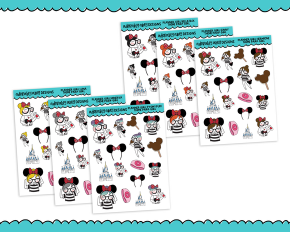 Planner Girls Character Stickers Theme Park Girl Decoration Planner Stickers for any Planner or Insert - Adorably Amy Designs