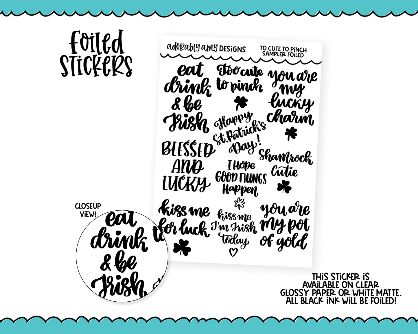 Foiled Too Cute To Pinch Planner Stickers for any Planner or Insert
