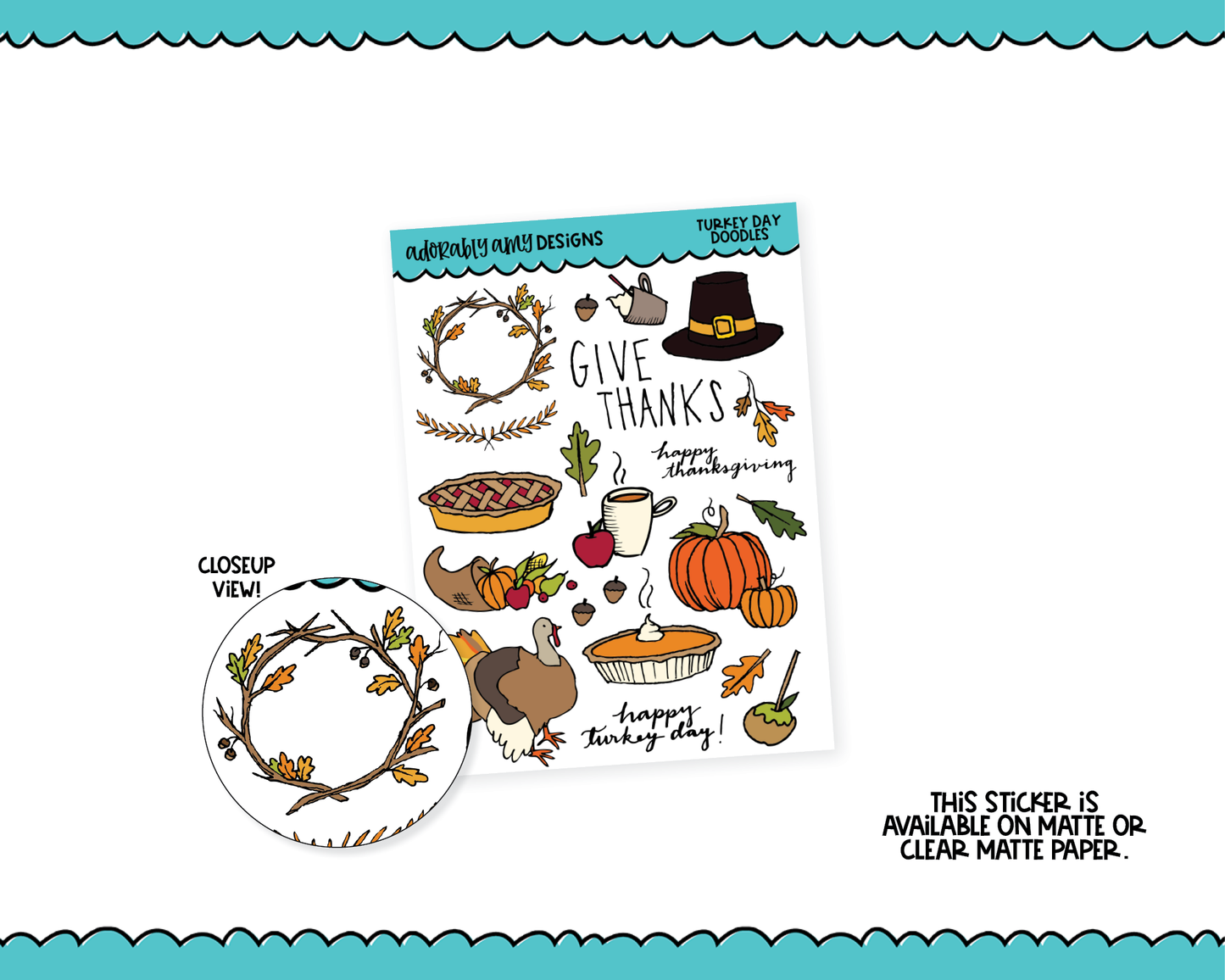 Turkey Day Doodles Sampler Planner Stickers for any Planner or Insert