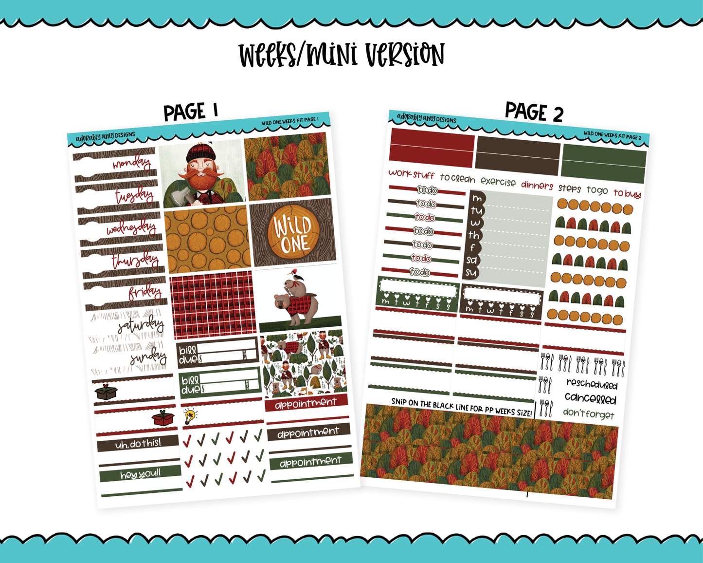 Mini B6/Weeks Wild One Fall Lumberjack Themed Weekly Planner Sticker Kit sized for ANY Vertical Insert