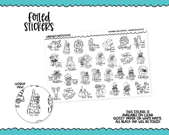 Foiled Myrtle Doodled Girls Winter Bucket List Planner Stickers for any Planner or Insert