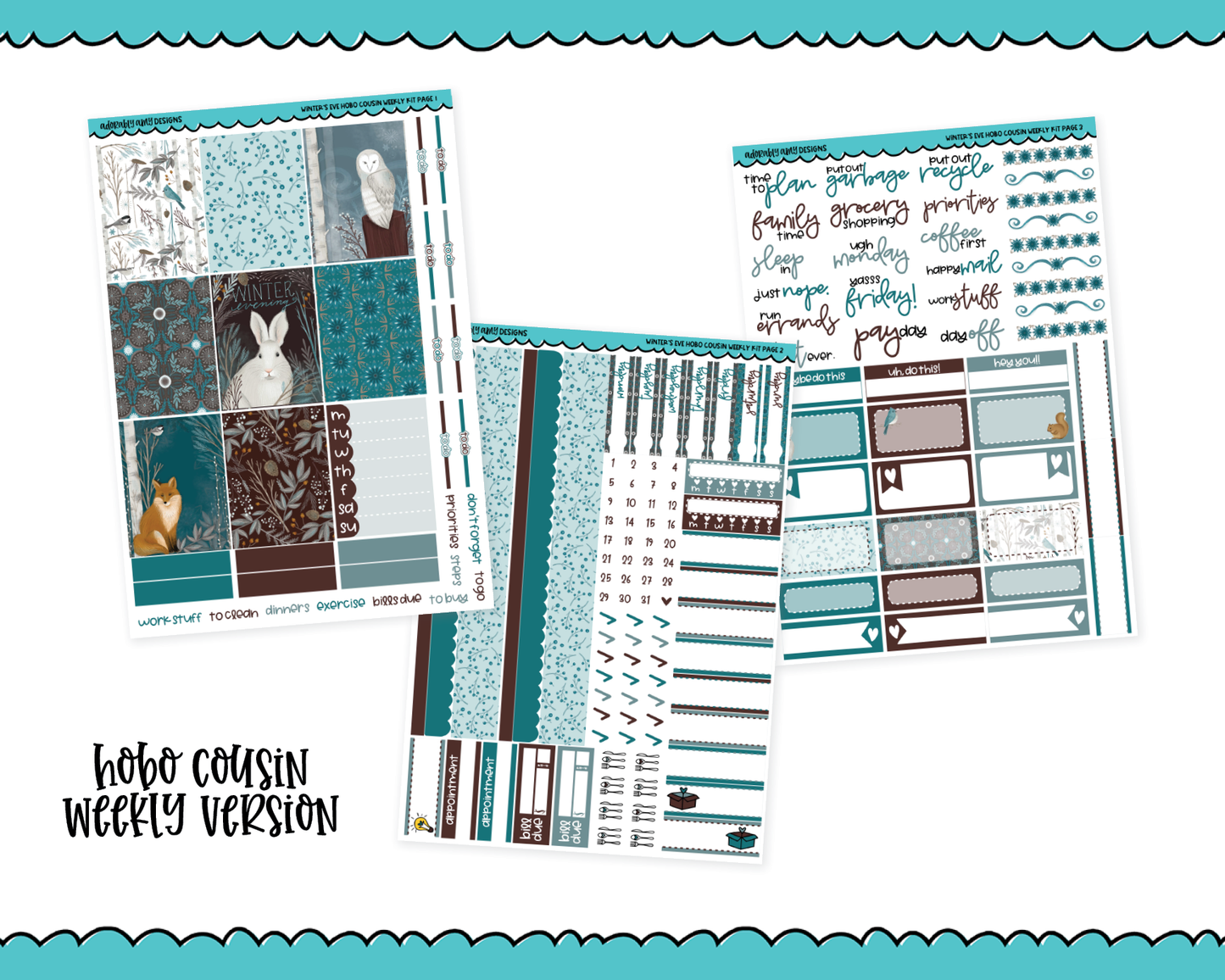 Hobonichi Cousin Weekly Winter's Eve Animal Winter Themed Planner Sticker Kit for Hobo Cousin or Similar Planners