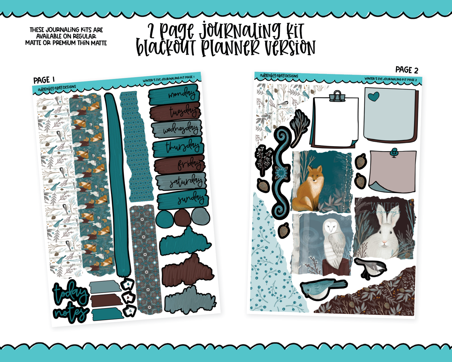 Journaling Kit Winter's Eve Nature Winter Themed Planner Sticker Kit in White OR Black for Blackout Planners