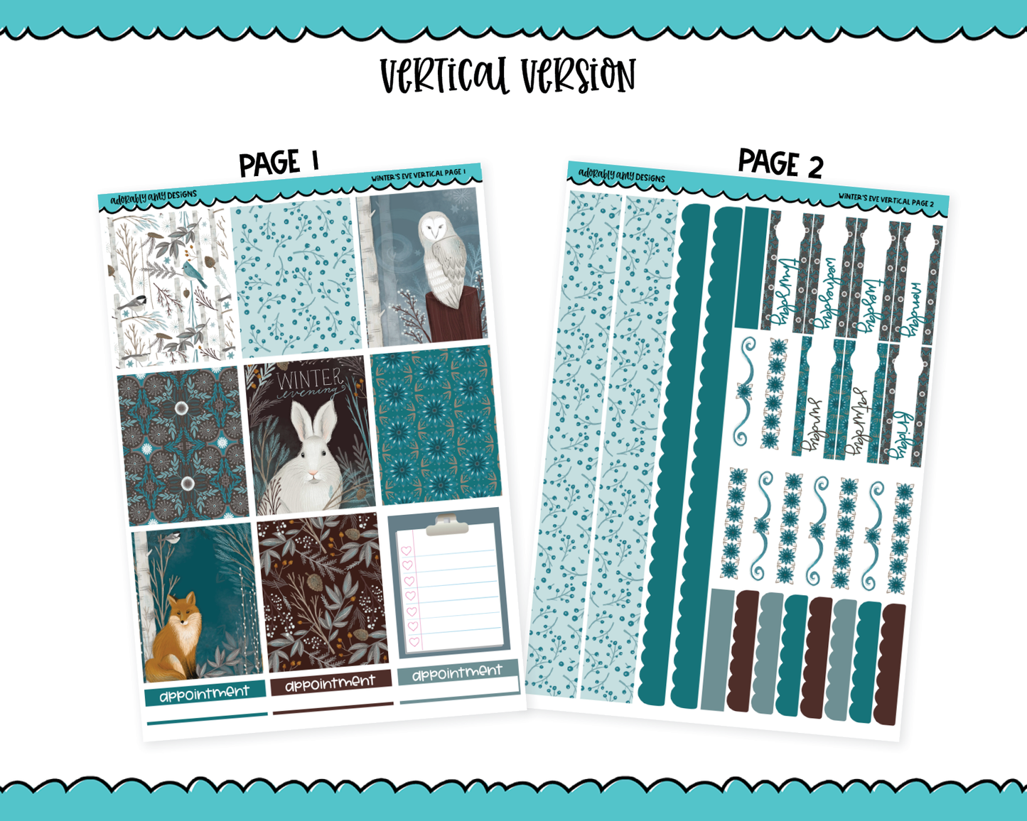 Vertical Winter's Eve Winter Animal Themed Planner Sticker Kit for Vertical Standard Size Planners or Inserts