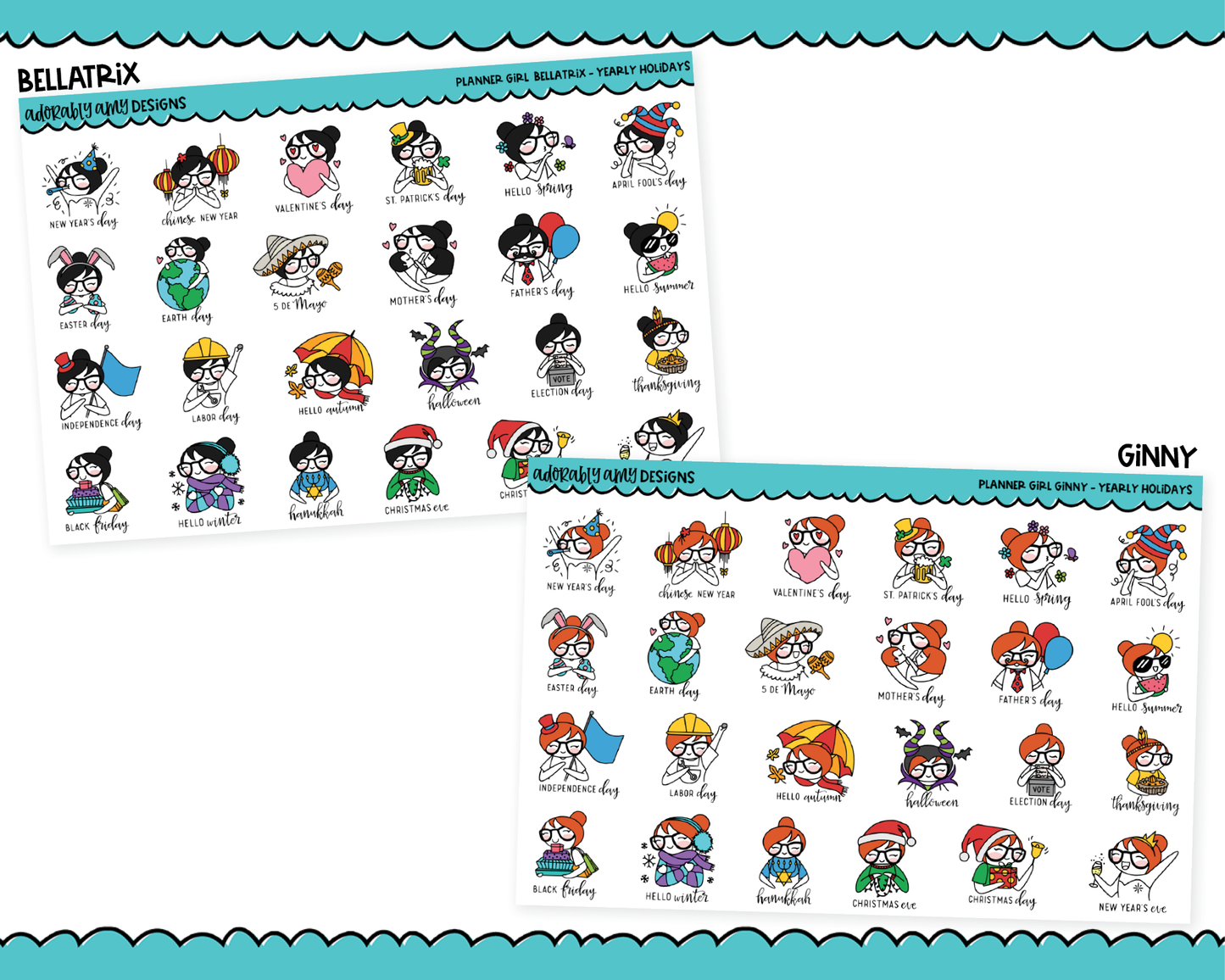 Doodled Planner Girls Character Stickers Yearly Holidays Decoration Planner Stickers for any Planner or Insert