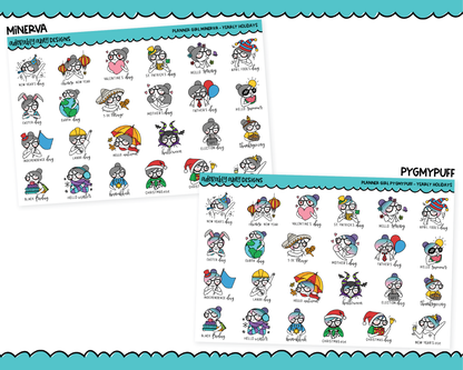 Doodled Planner Girls Character Stickers Yearly Holidays Decoration Planner Stickers for any Planner or Insert