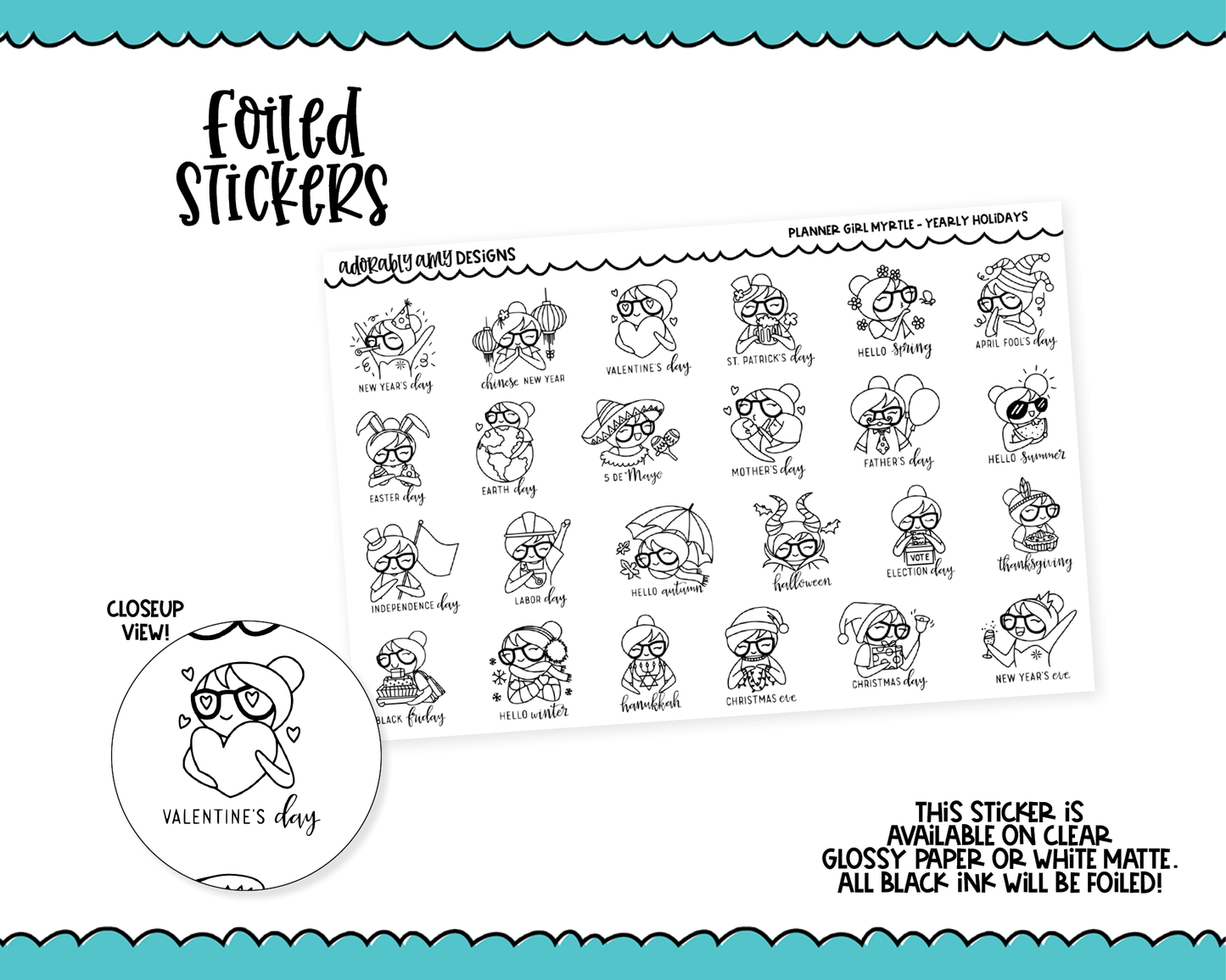 Foiled Doodled Planner Girls Yearly Holidays Decoration Planner Stickers for any Planner or Insert