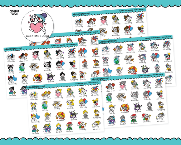 Doodled Planner Girls Character Stickers Yearly Holidays Decoration Planner Stickers for any Planner or Insert